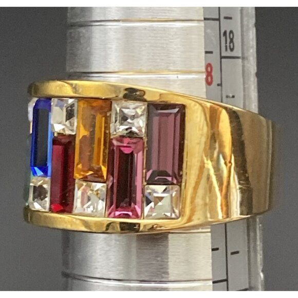 Art Deco Ring Yellow Gold Plated Multicolor Baguette Rhinestone CZ Band Sz 8.5 - Picture 6 of 9